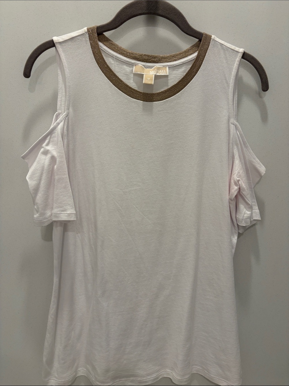 Michael Kors White Cold-Shoulder Tee with Gold Trim